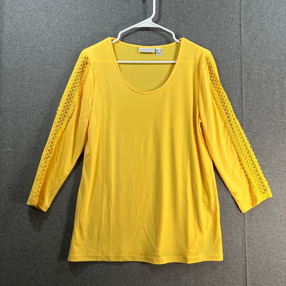 Susan Graver Liquid Knit 3/4-Sleeve Top with Crochet Slee Soft Yellow, Small